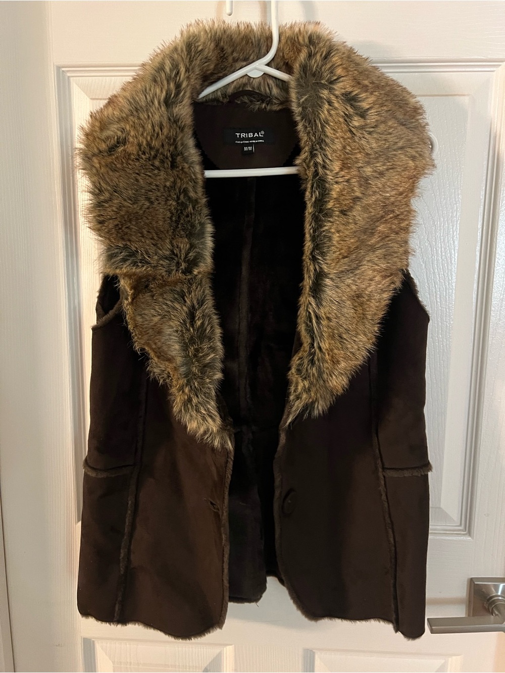 Tribal Brown Faux Fur Collar Suede-Look Vest
